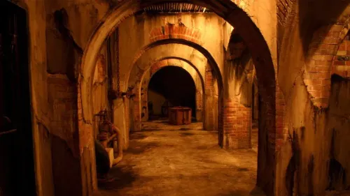 Low lit dirty hallway in The 13th Gate haunted house